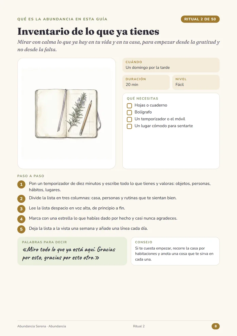 Página del ritual 2, Inventario de lo que ya tienes, de la guía Abundancia