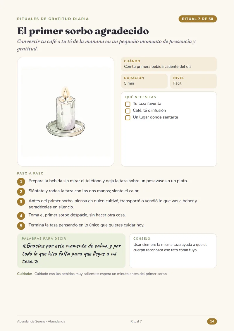 Página del ritual 7, El primer sorbo agradecido, de la guía Abundancia