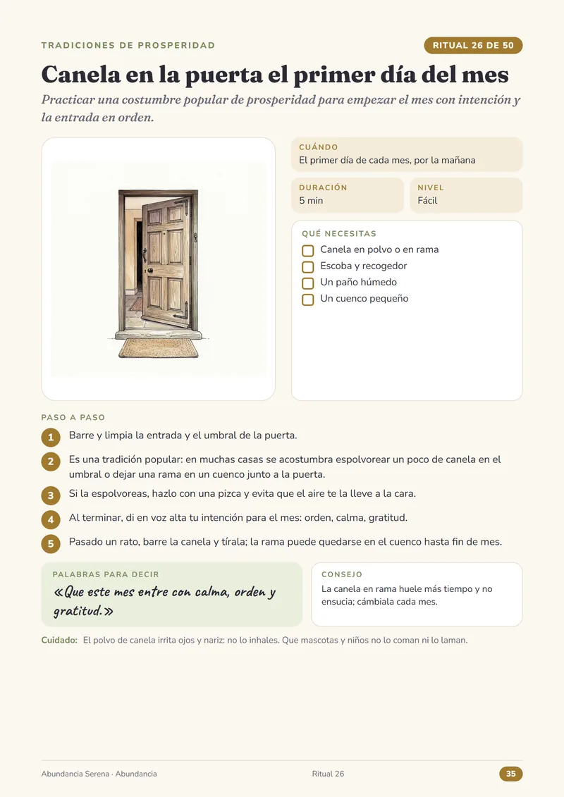 Página del ritual 26, Canela en la puerta el primer día del mes, de la guía Abundancia