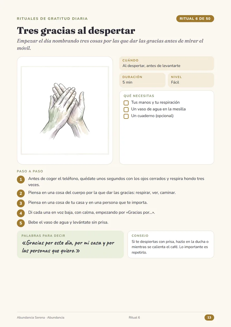 Página del ritual 6, Tres gracias al despertar, de la guía Abundancia